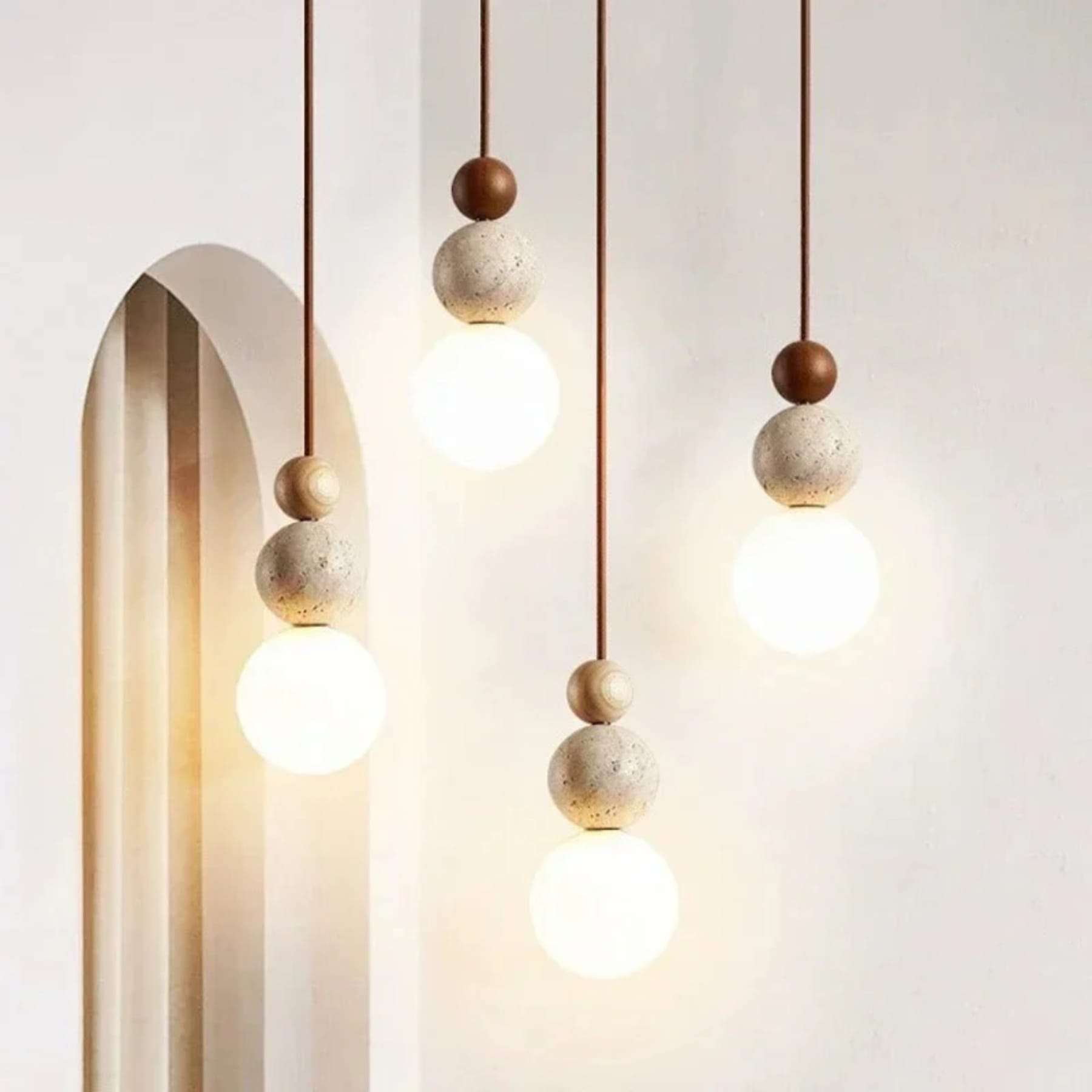 Minimalist Matte Travertine and Wood Pendant Light | Hardwired Warm White Hanging Light for Dining Room 4
