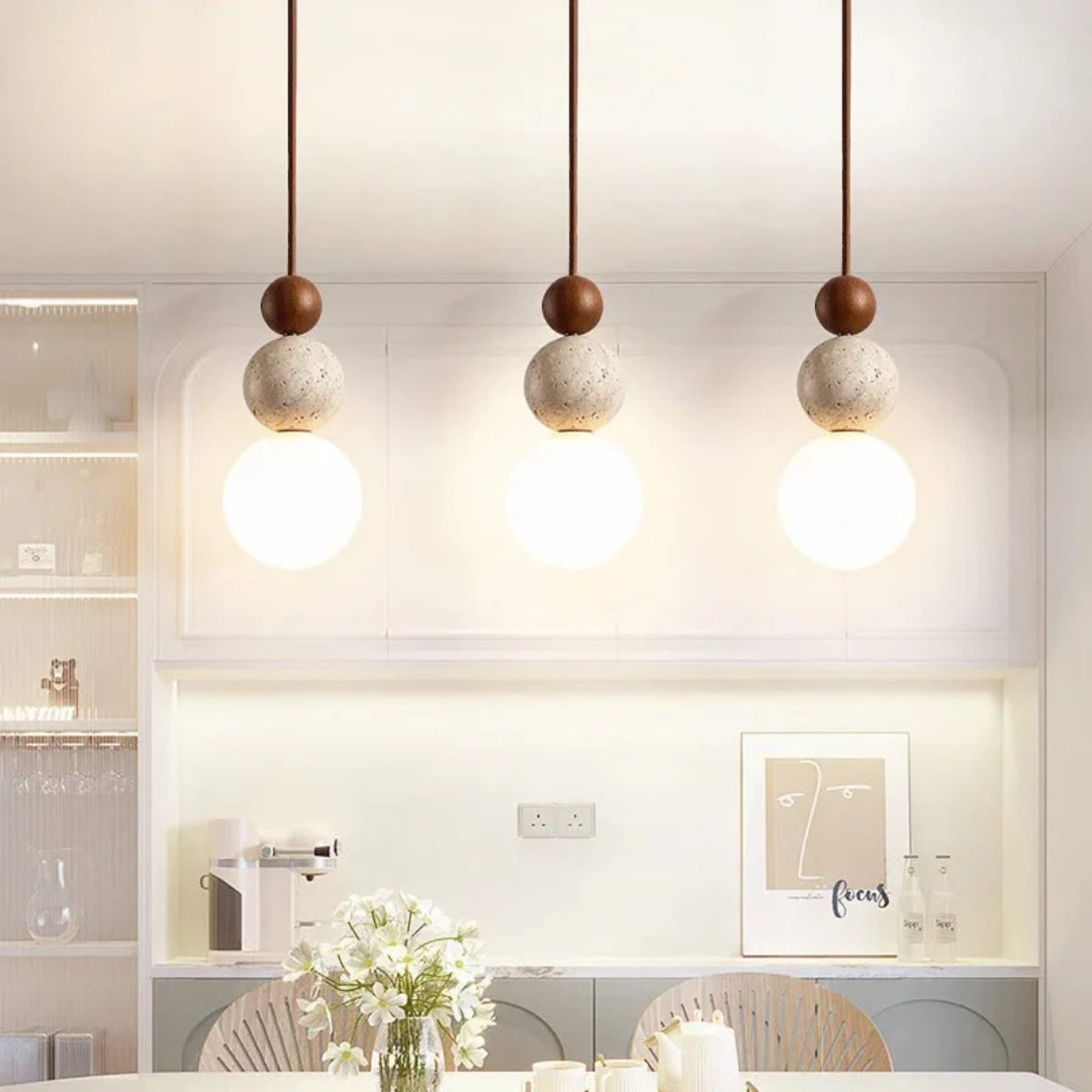Minimalist Matte Travertine and Wood Pendant Light | Hardwired Warm White Hanging Light for Dining Room 5