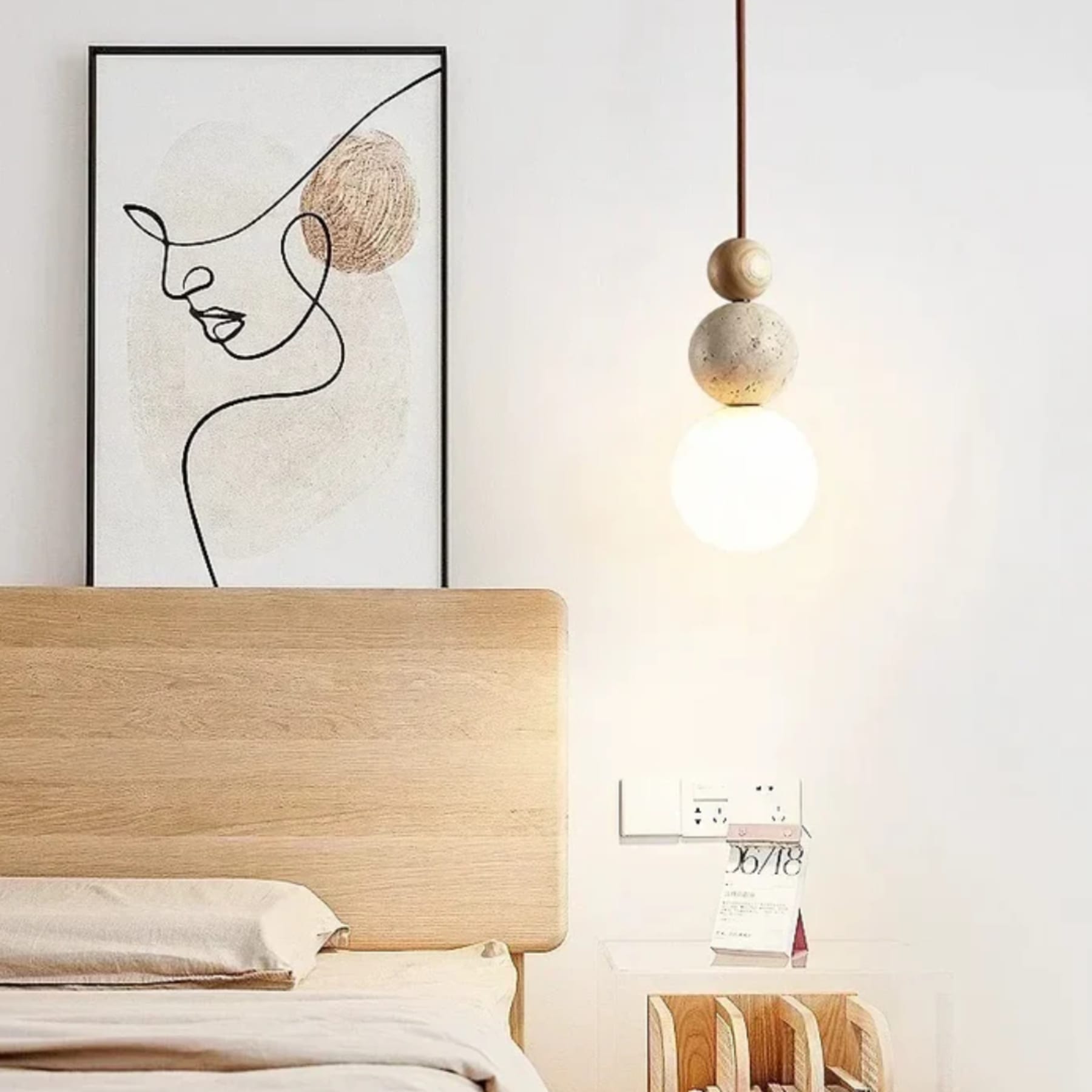 Minimalist Matte Travertine and Wood Pendant Light | Hardwired Warm White Hanging Light for Dining Room 6