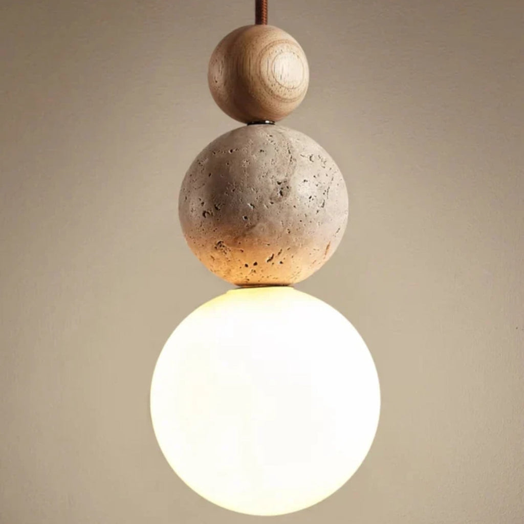 Minimalist Matte Travertine and Wood Pendant Light | Hardwired Warm White Hanging Light for Dining Room 7