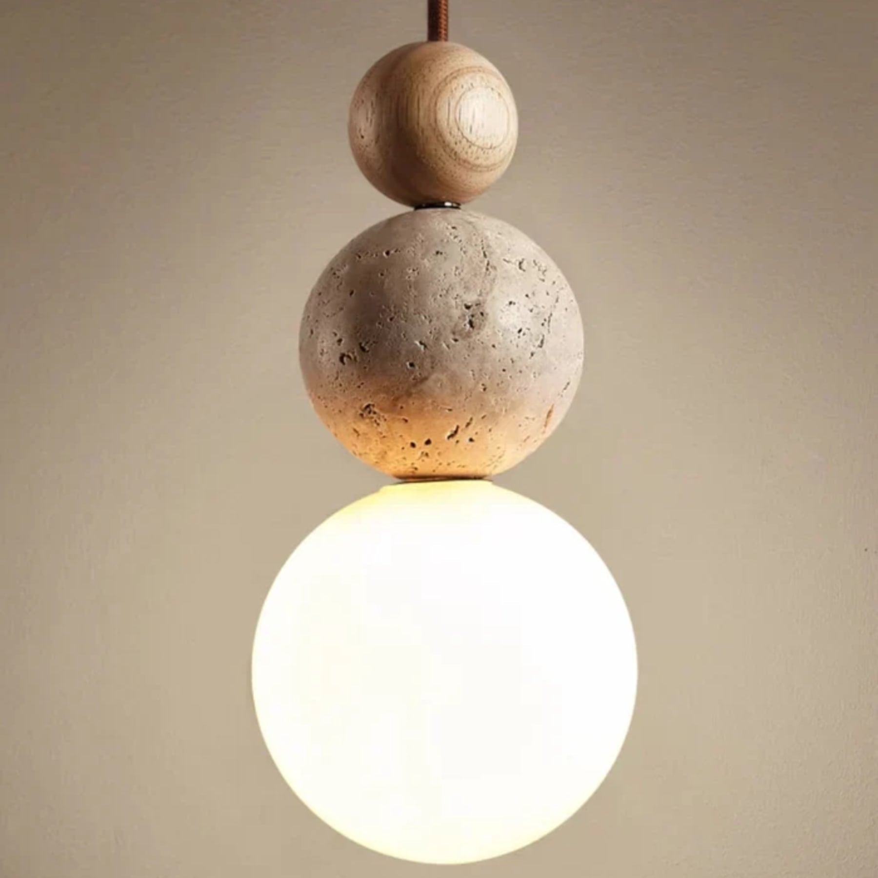 Minimalist Matte Travertine and Wood Pendant Light | Hardwired Warm White Hanging Light for Dining Room 7