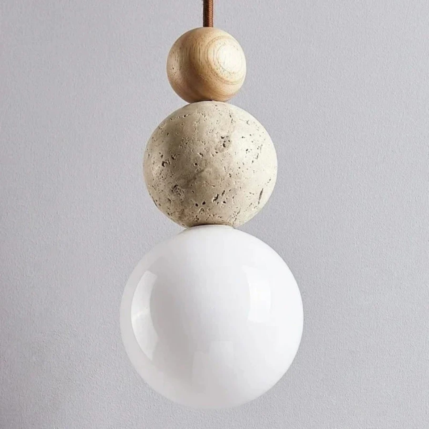 Minimalist Matte Travertine and Wood Pendant Light | Hardwired Warm White Hanging Light for Dining Room 8