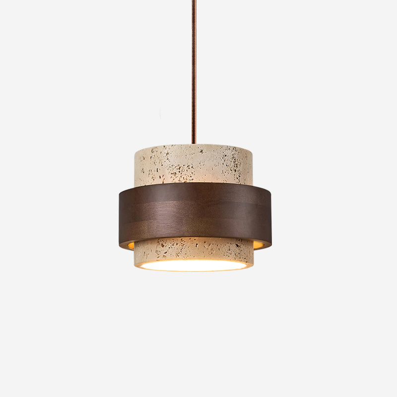 Minimalist Natural Travertine and Wood Pendant Light | Adjustable Downlight for Dining Room 0