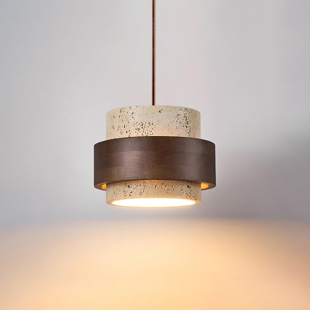 Minimalist Natural Travertine and Wood Pendant Light | Adjustable Downlight for Dining Room 1
