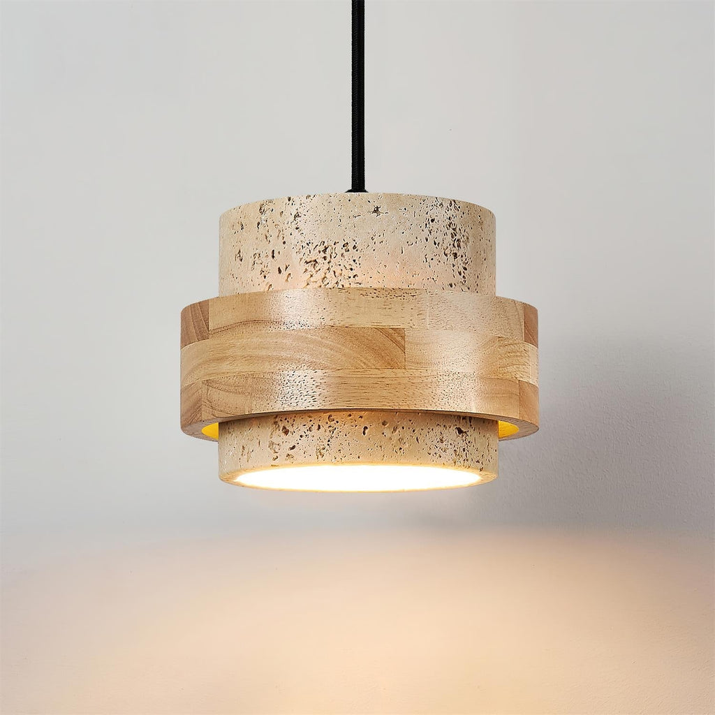 Minimalist Natural Travertine and Wood Pendant Light | Adjustable Downlight for Dining Room 10