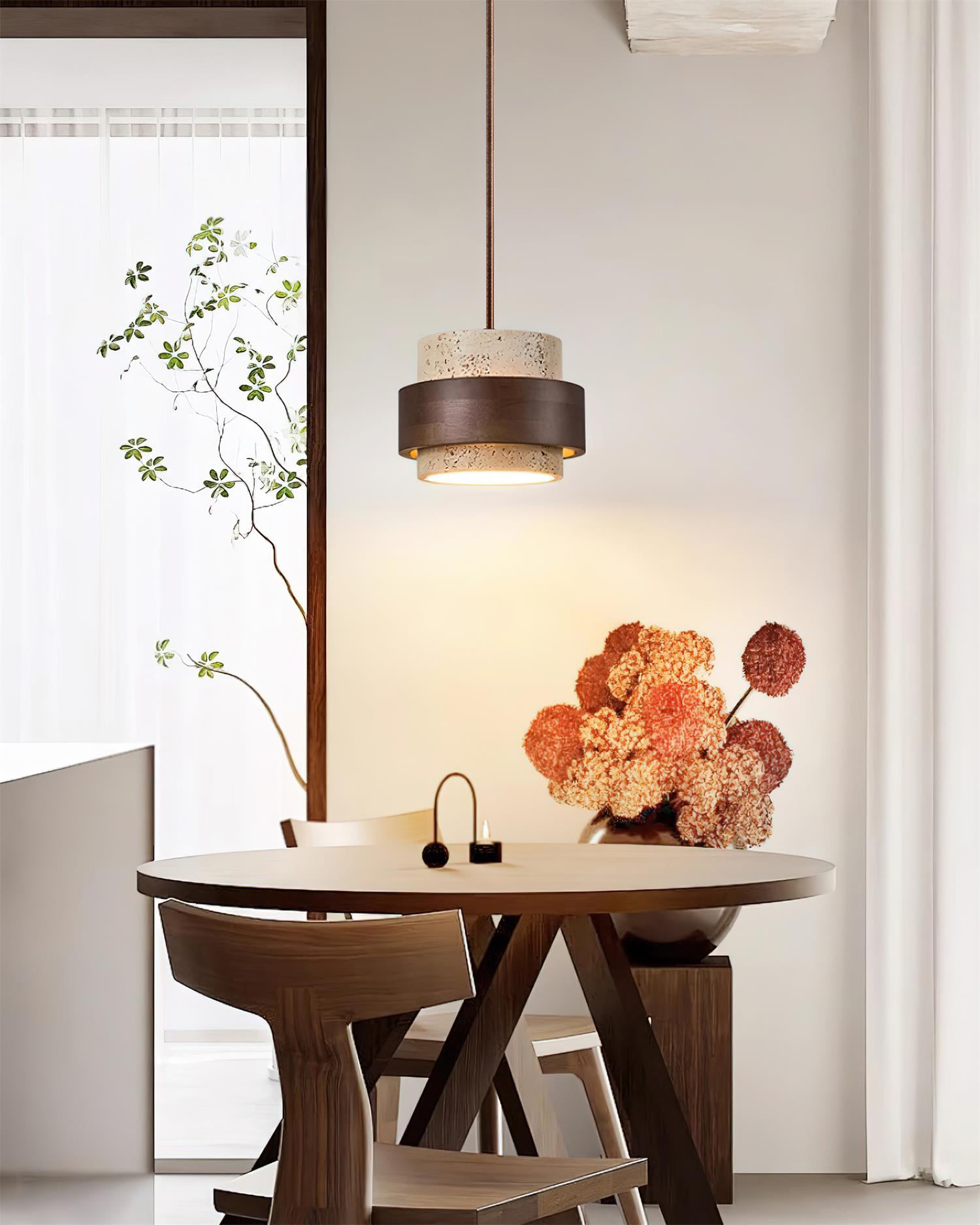 Minimalist Natural Travertine and Wood Pendant Light | Adjustable Downlight for Dining Room 2