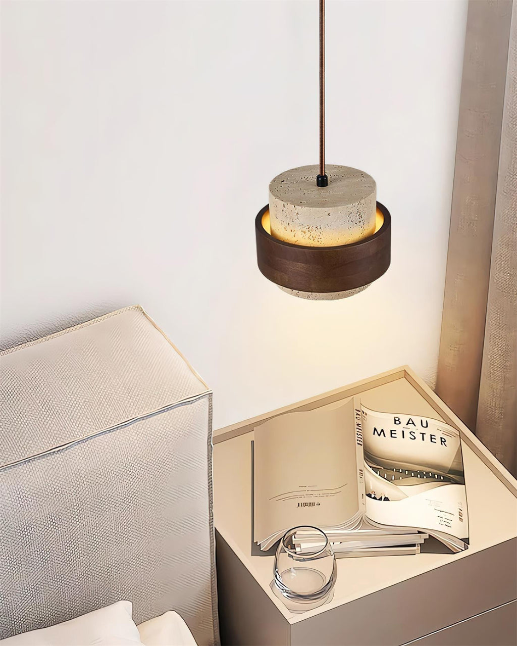 Minimalist Natural Travertine and Wood Pendant Light | Adjustable Downlight for Dining Room 4