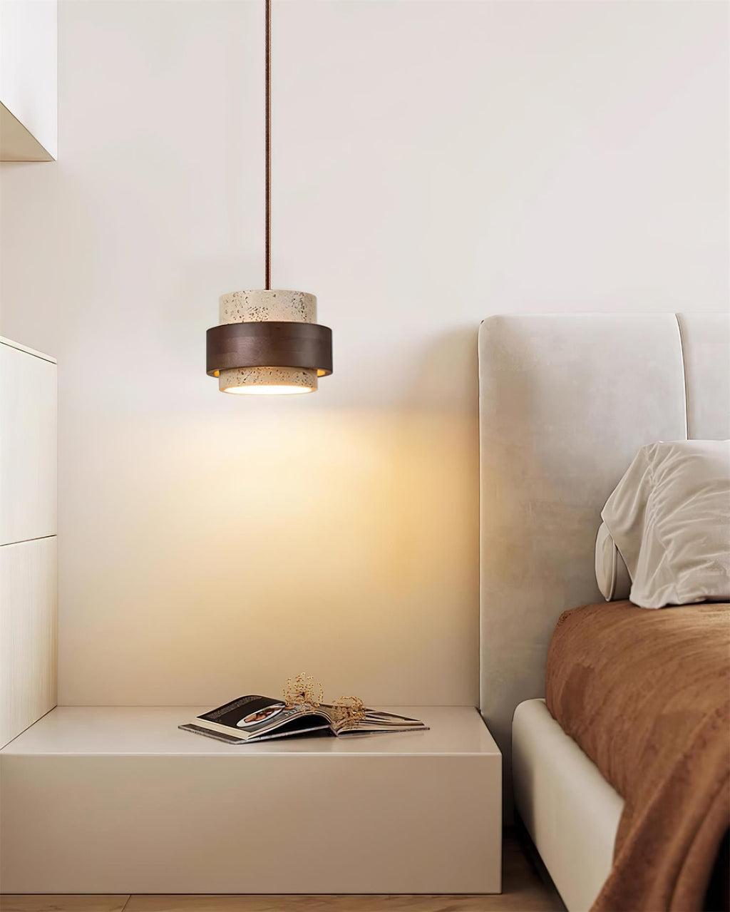 Minimalist Natural Travertine and Wood Pendant Light | Adjustable Downlight for Dining Room 7