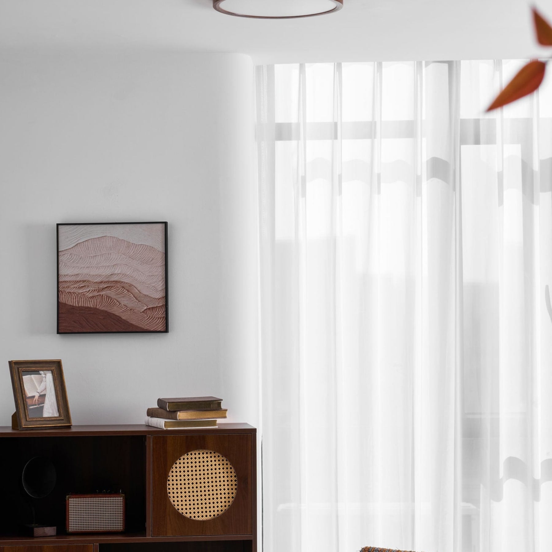 Minimalist Walnut Wood Flush Mount Ceiling Light | Slim Design Hardwired Fixture for Living Room 7
