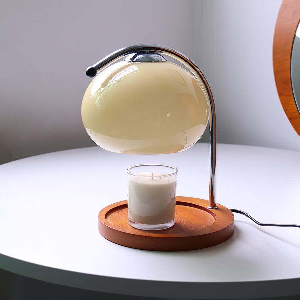 Modern Metal and Glass Table Lamp with Wooden Tray Base | Candle Warmer for Bedroom and Living Room 0
