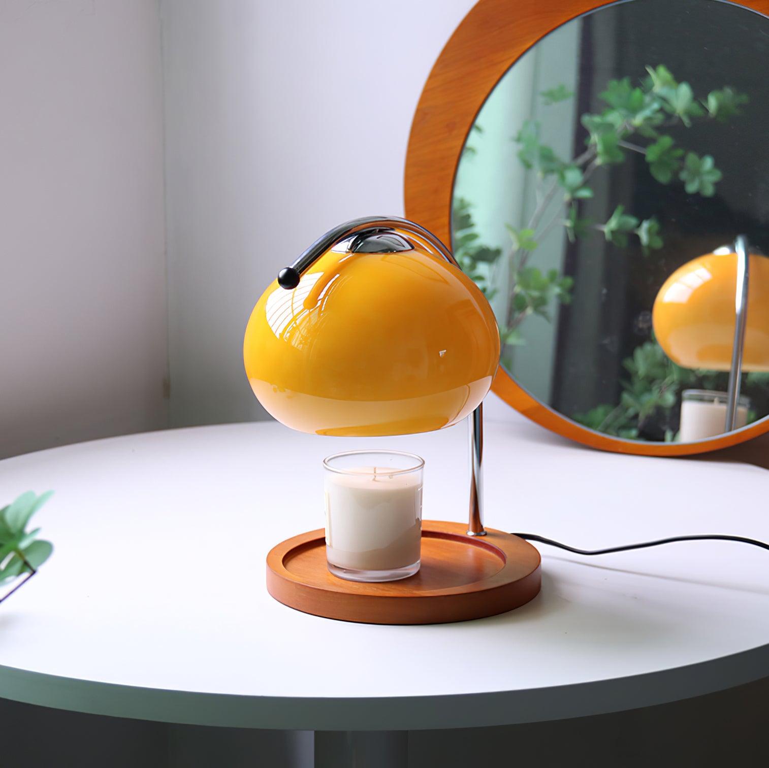 Modern Metal and Glass Table Lamp with Wooden Tray Base | Candle Warmer for Bedroom and Living Room 2