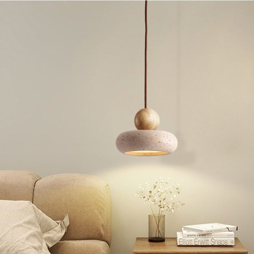 Modern Natural Wood and Matte Concrete Pendant Light | Warm LED Glow for Living Room 1