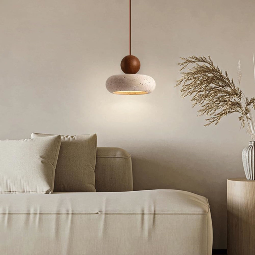 Modern Natural Wood and Matte Concrete Pendant Light | Warm LED Glow for Living Room 3