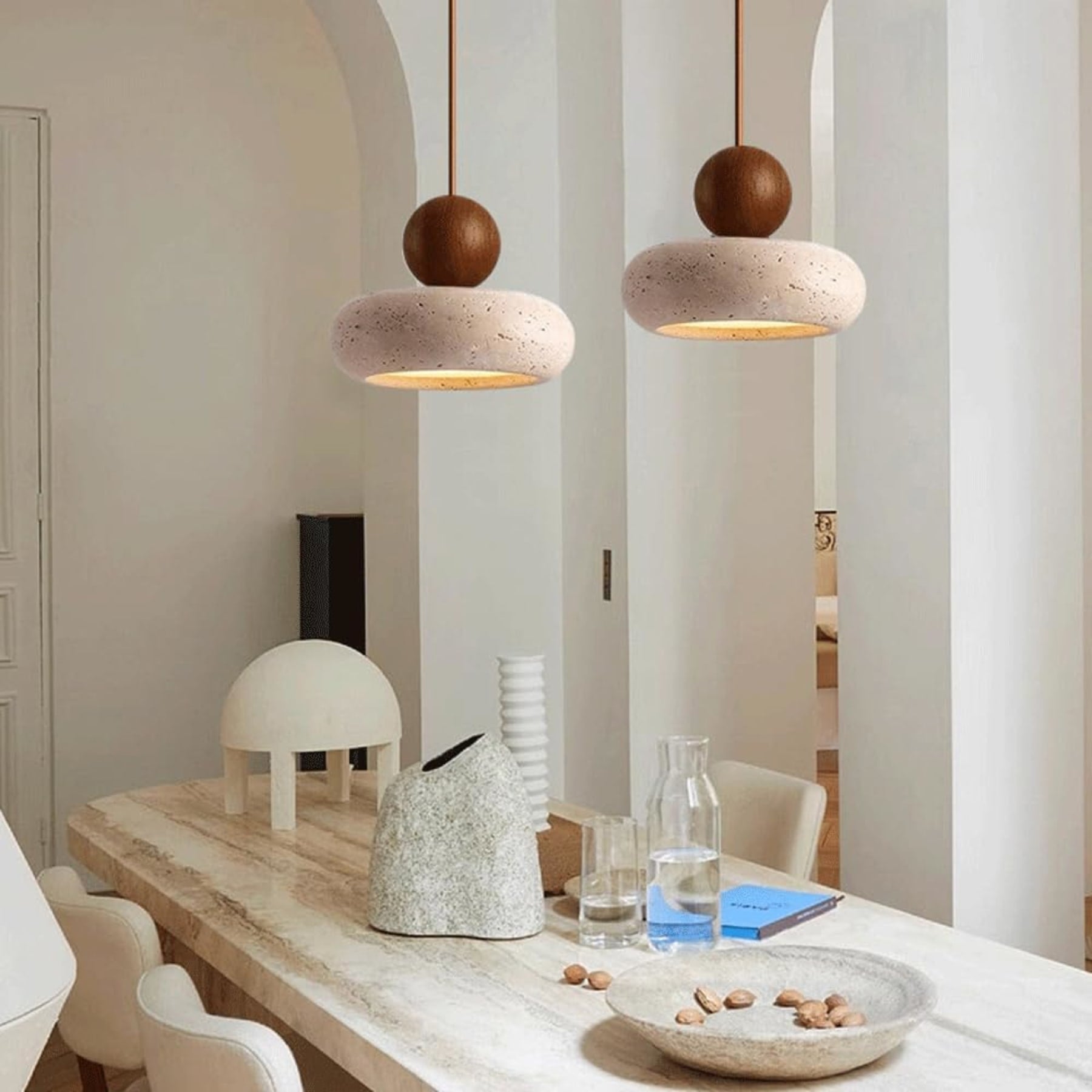Modern Natural Wood and Matte Concrete Pendant Light | Warm LED Glow for Living Room 4