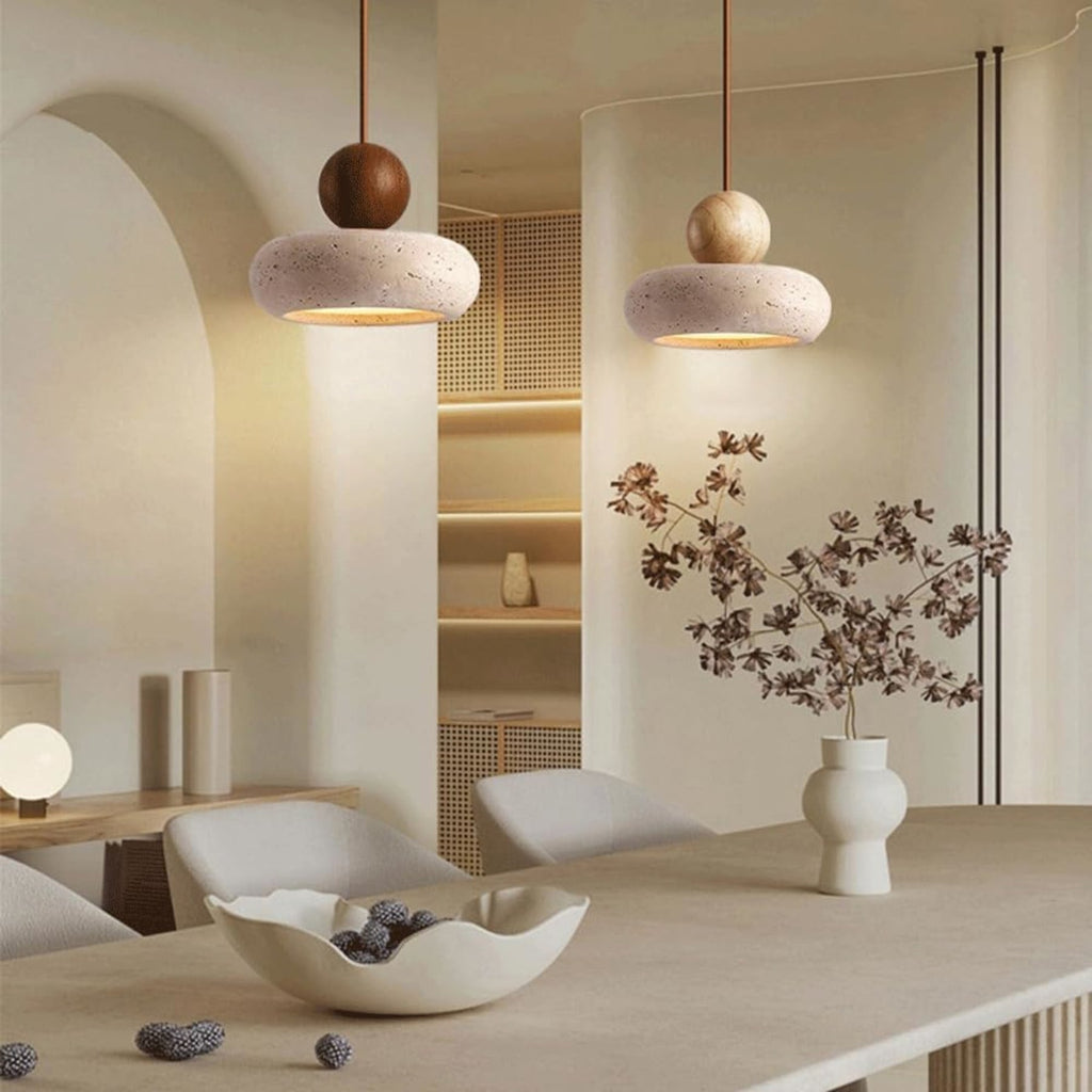 Modern Natural Wood and Matte Concrete Pendant Light | Warm LED Glow for Living Room 5