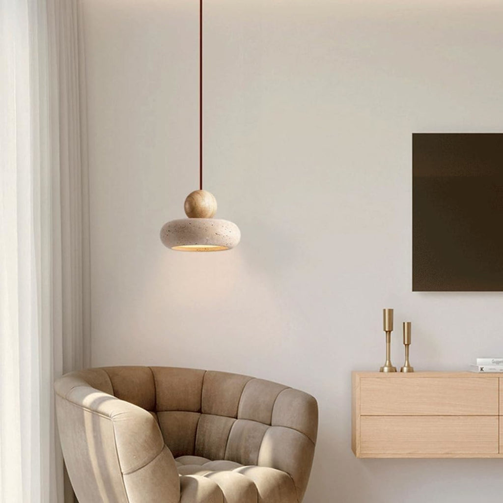 Modern Natural Wood and Matte Concrete Pendant Light | Warm LED Glow for Living Room 6