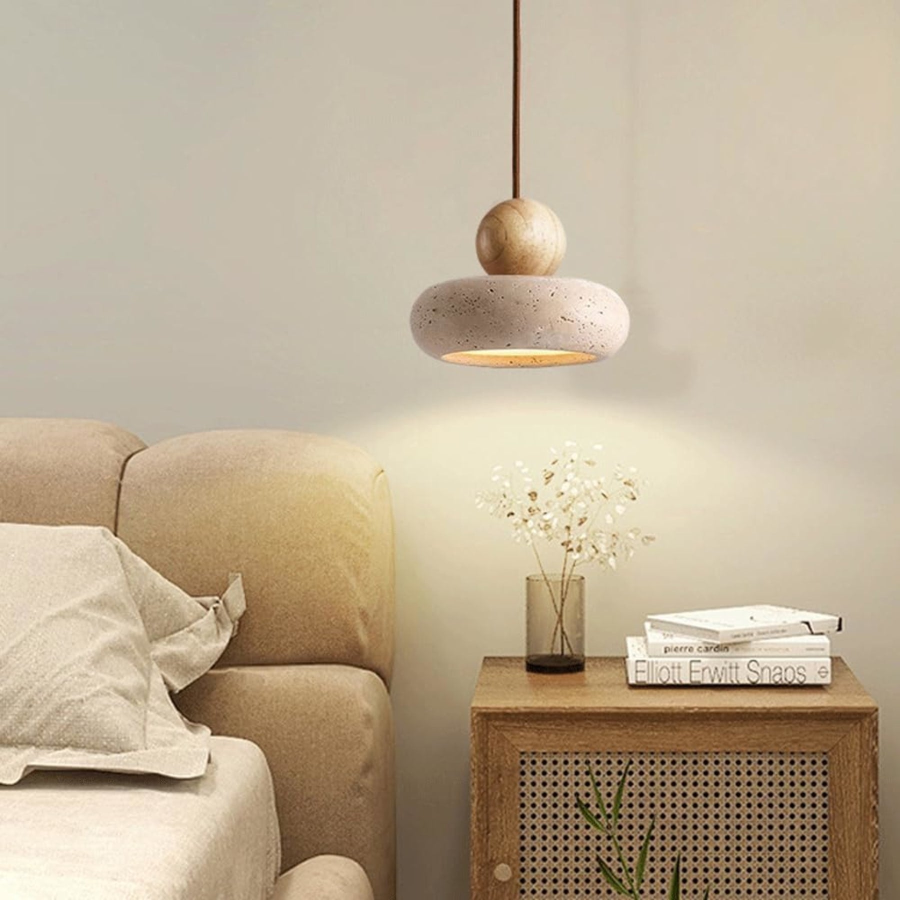 Modern Natural Wood and Matte Concrete Pendant Light | Warm LED Glow for Living Room 7