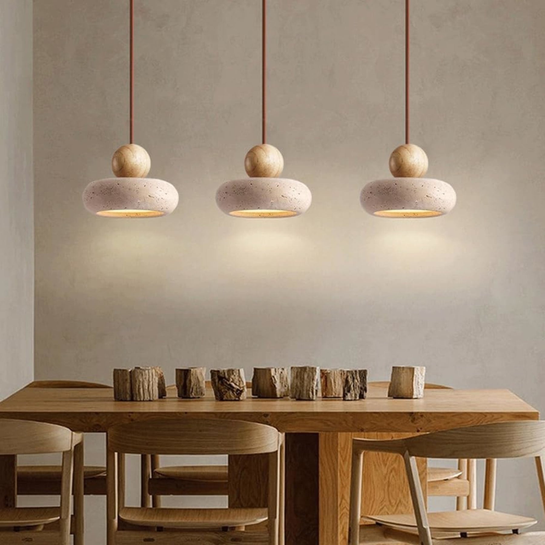 Modern Natural Wood and Matte Concrete Pendant Light | Warm LED Glow for Living Room 8