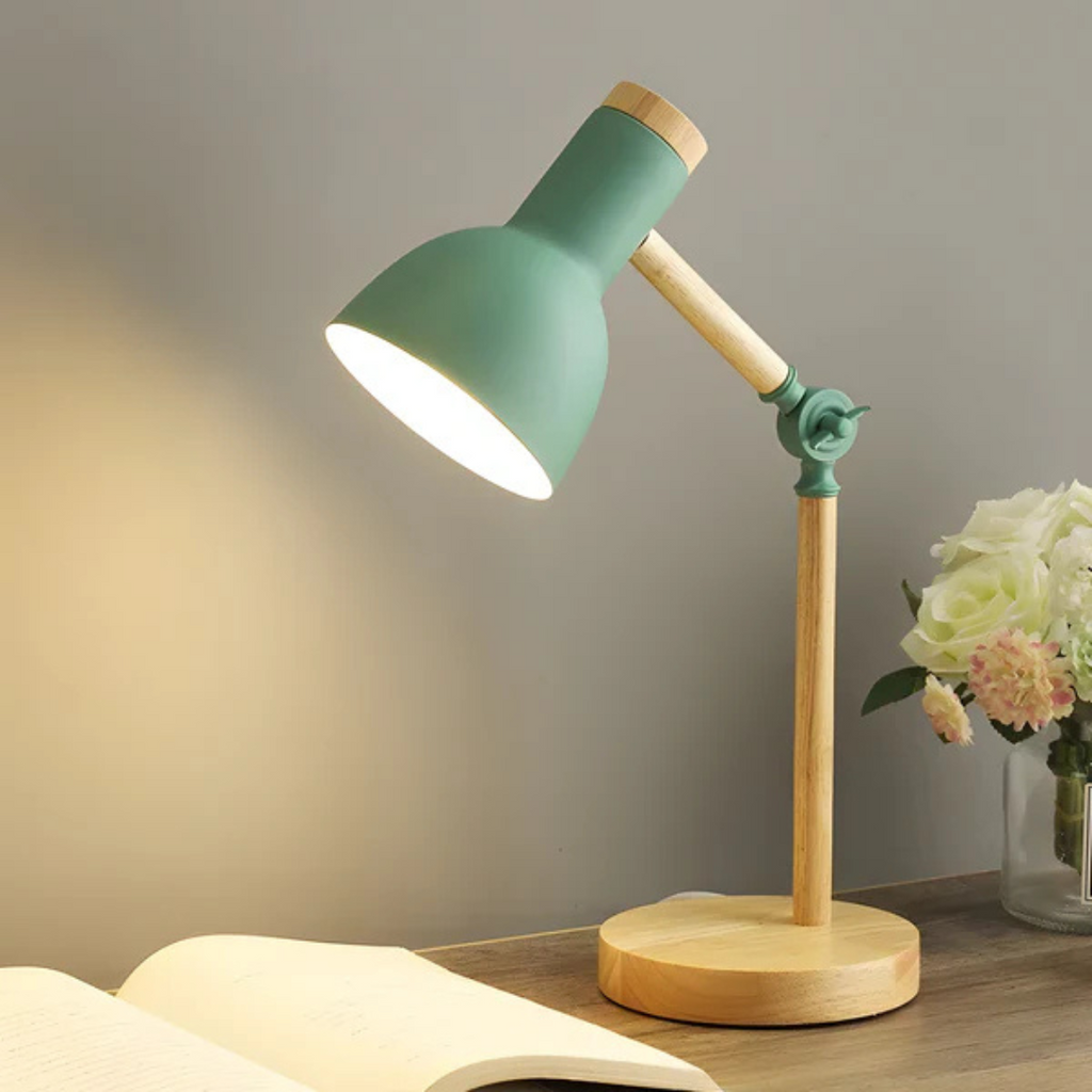 Modern Painted Iron and Wood Table Lamp | Adjustable Pivoting Shade for Bedside or Desk 0