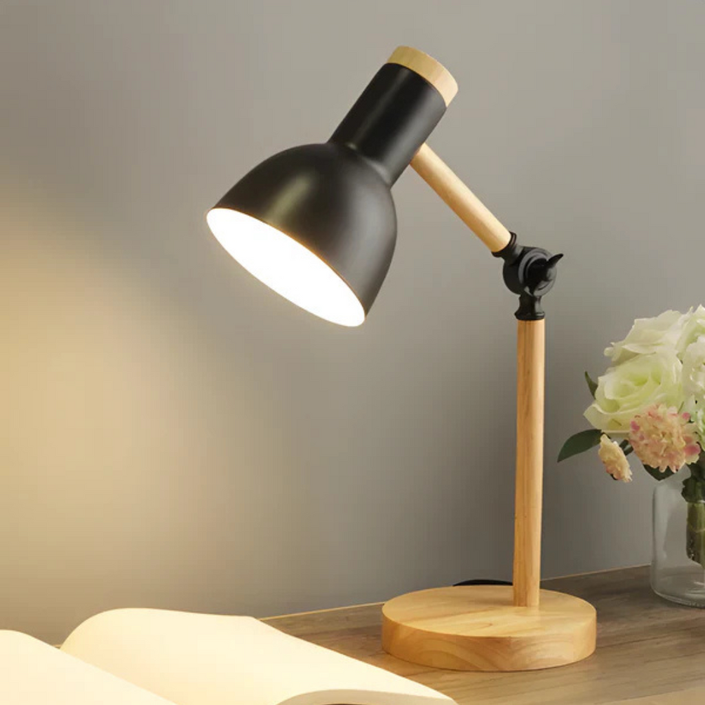 Modern Painted Iron and Wood Table Lamp | Adjustable Pivoting Shade for Bedside or Desk 3