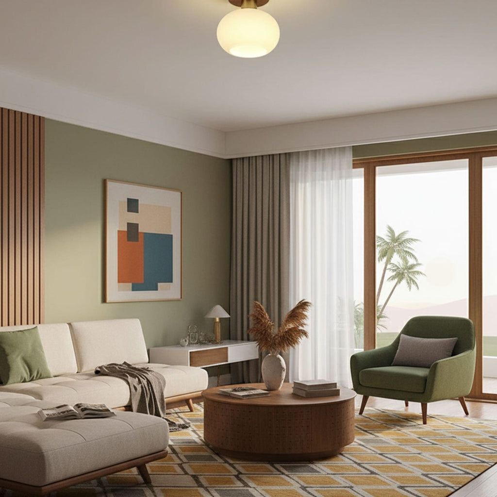 Modern Solid Wood and Iron Semi-Flush Ceiling Light | Frosted Glass Shade for Living Room 6