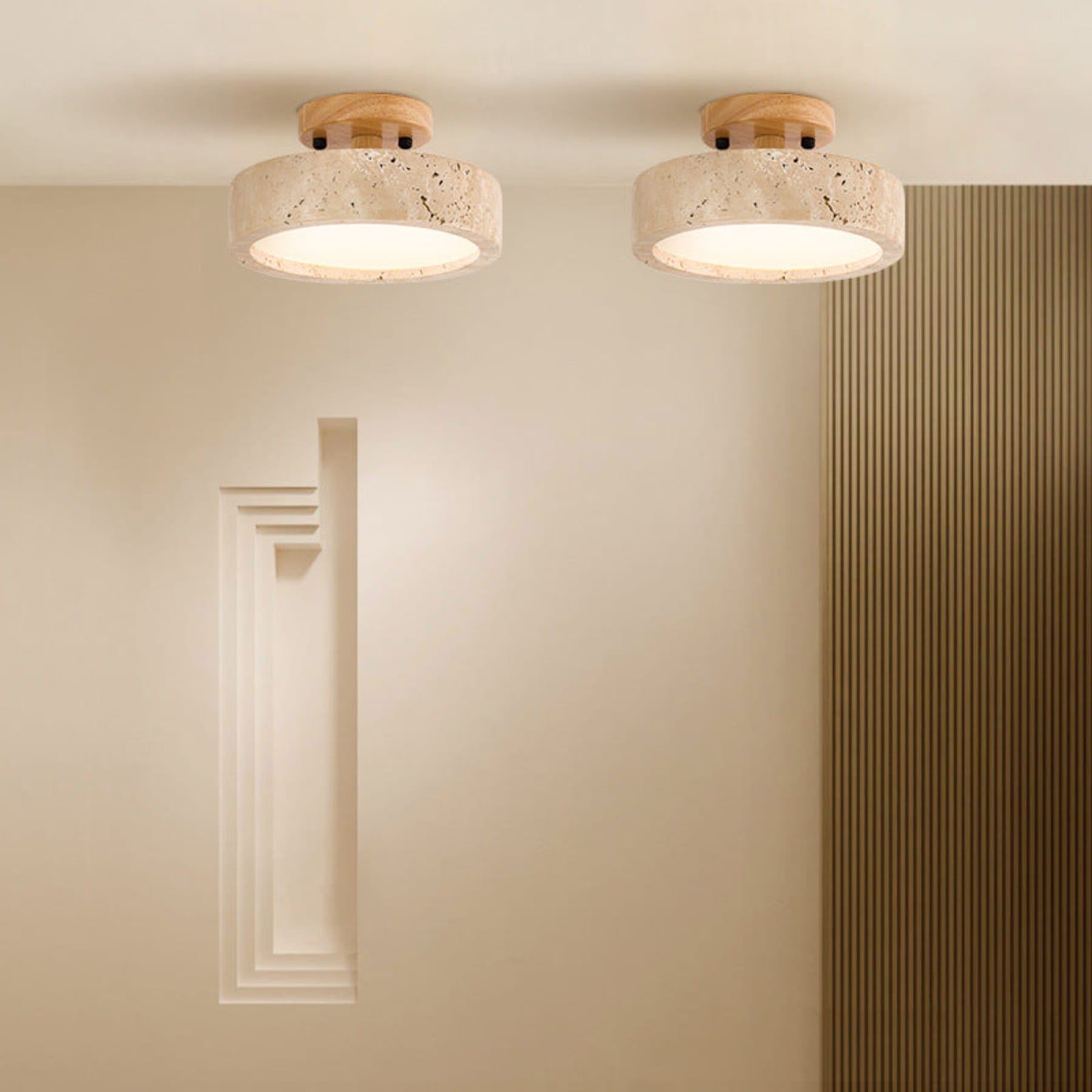 Modern Travertine and Wood Flush Mount Ceiling Light | Dimmable Warm Lighting for Living Room 1