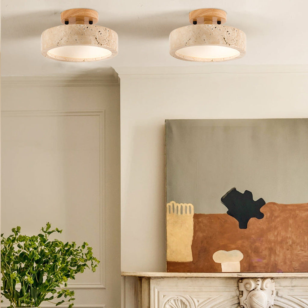 Modern Travertine and Wood Flush Mount Ceiling Light | Dimmable Warm Lighting for Living Room 2