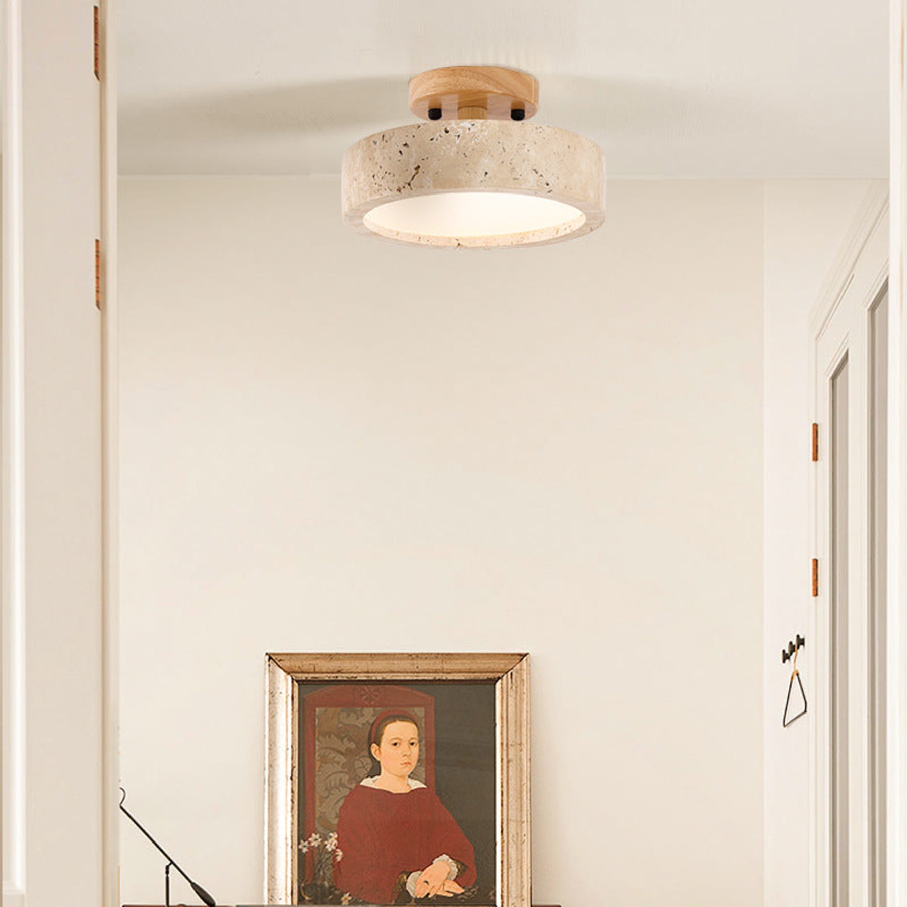 Modern Travertine and Wood Flush Mount Ceiling Light | Dimmable Warm Lighting for Living Room 3
