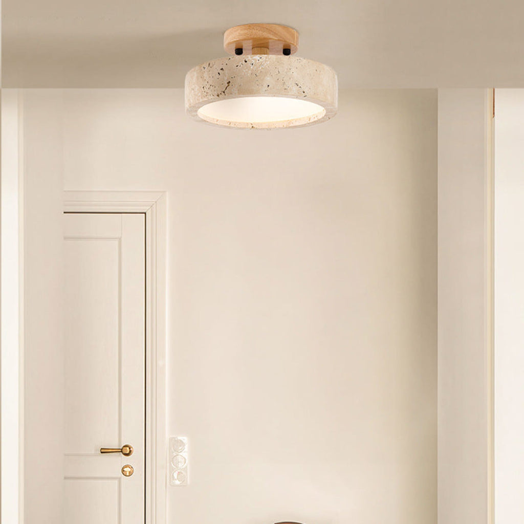 Modern Travertine and Wood Flush Mount Ceiling Light | Dimmable Warm Lighting for Living Room 4