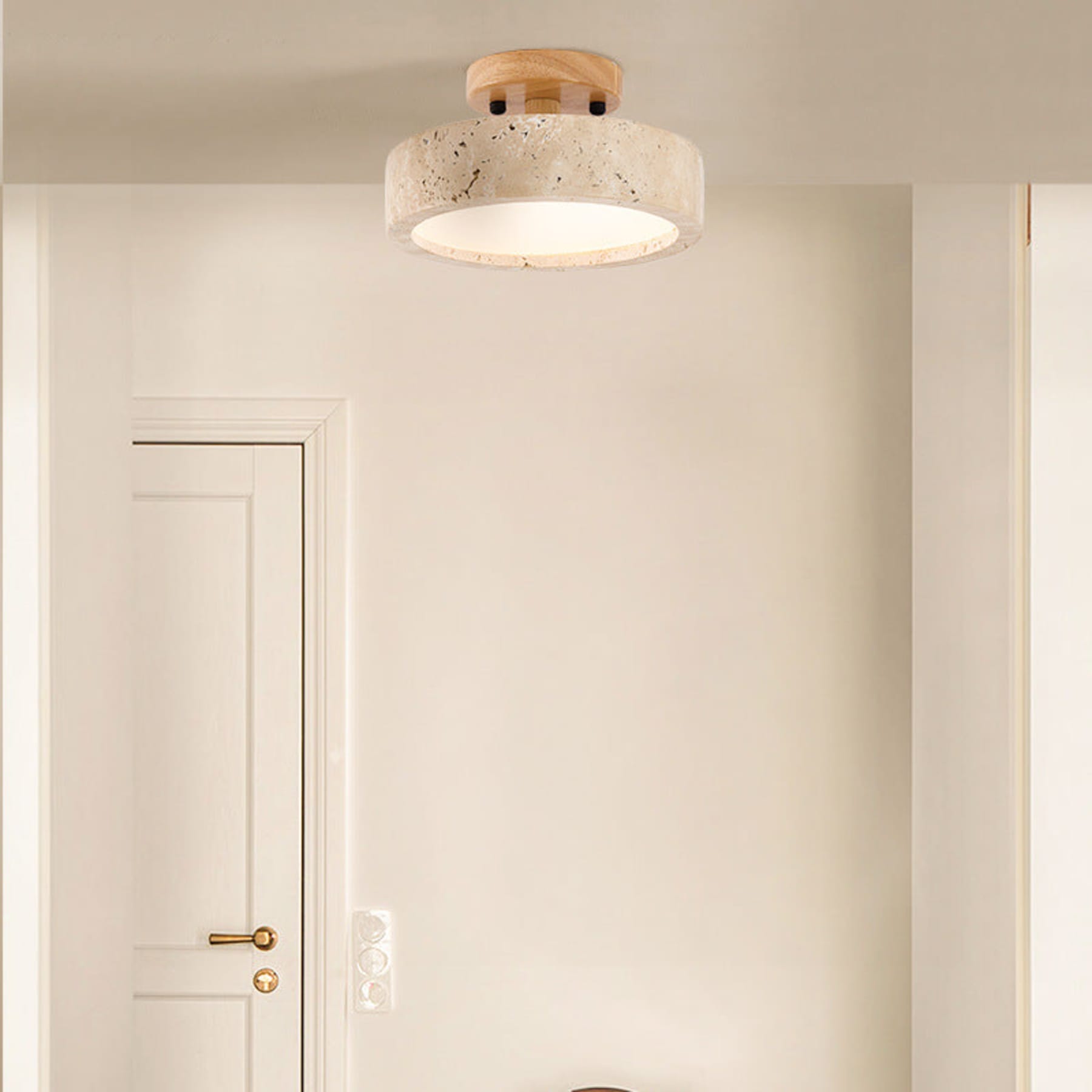 Modern Travertine and Wood Flush Mount Ceiling Light | Dimmable Warm Lighting for Living Room 4