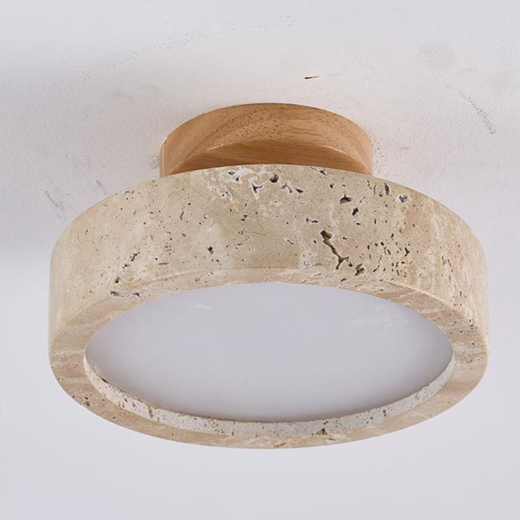 Modern Travertine and Wood Flush Mount Ceiling Light | Dimmable Warm Lighting for Living Room 7
