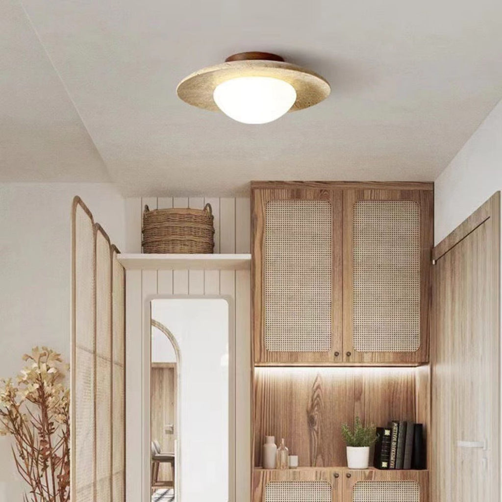 Modern Travertine and Wood Semi-Flush Ceiling Light | Warm White LED for Living Room 1