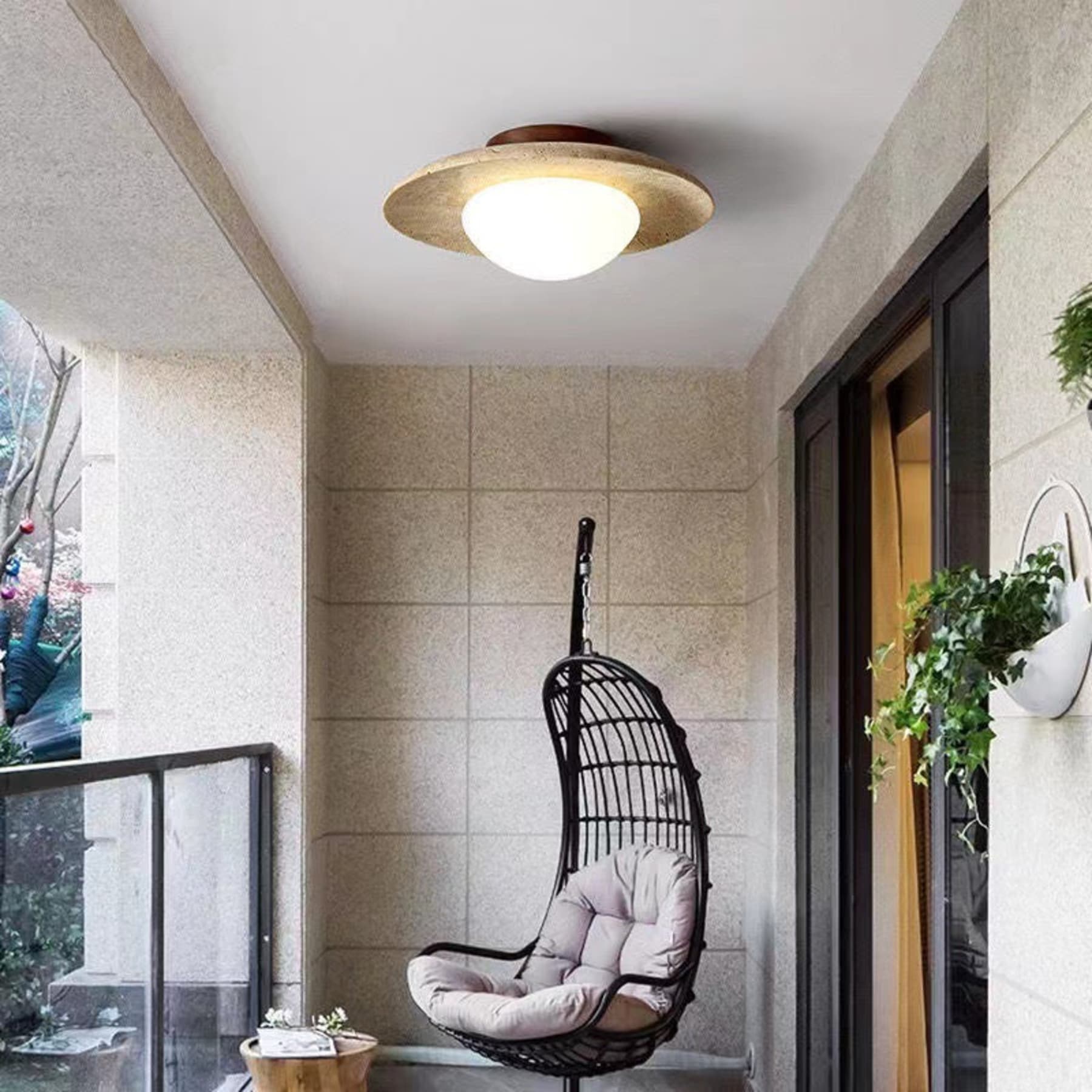 Modern Travertine and Wood Semi-Flush Ceiling Light | Warm White LED for Living Room 4