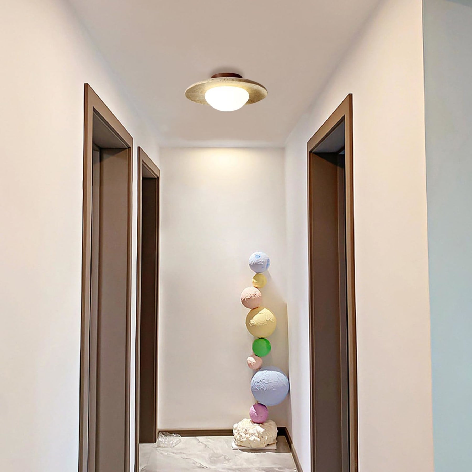 Modern Travertine and Wood Semi-Flush Ceiling Light | Warm White LED for Living Room 7