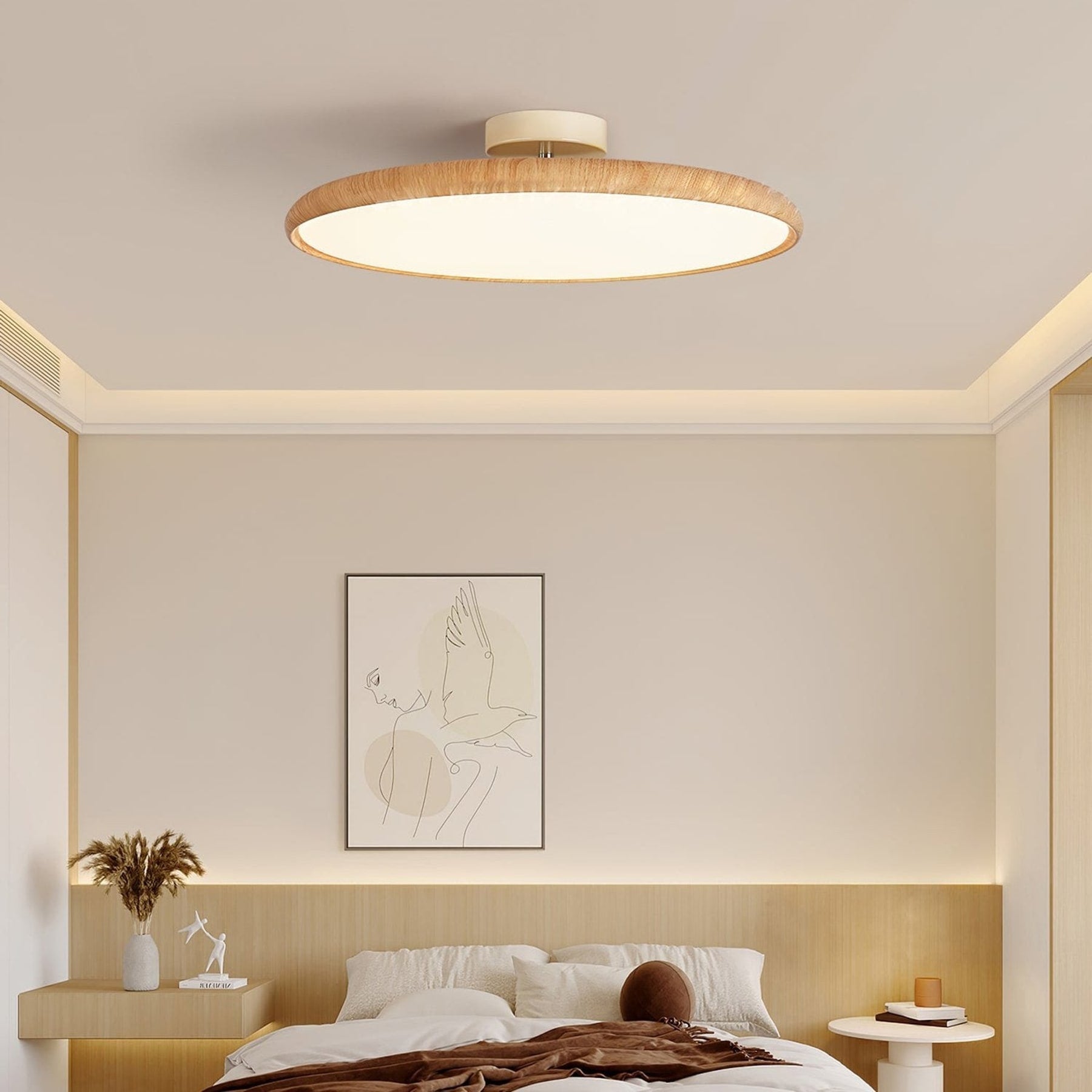 Scandinavian Wood-Effect Flush Mount Ceiling Light | Tri-Colour LED Fixture for Living Room, Bedroom, Hallway 2