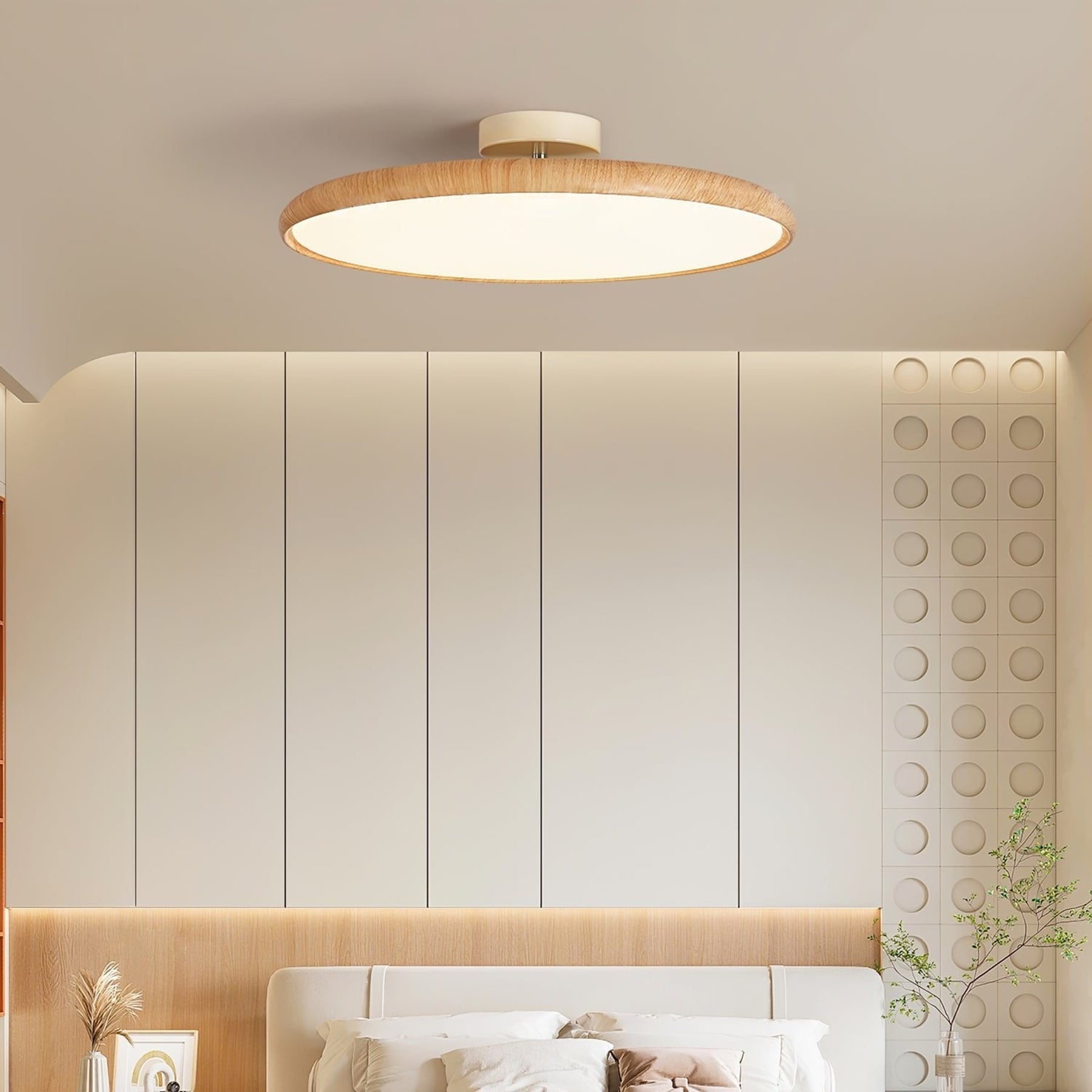 Scandinavian Wood-Effect Flush Mount Ceiling Light | Tri-Colour LED Fixture for Living Room, Bedroom, Hallway 5