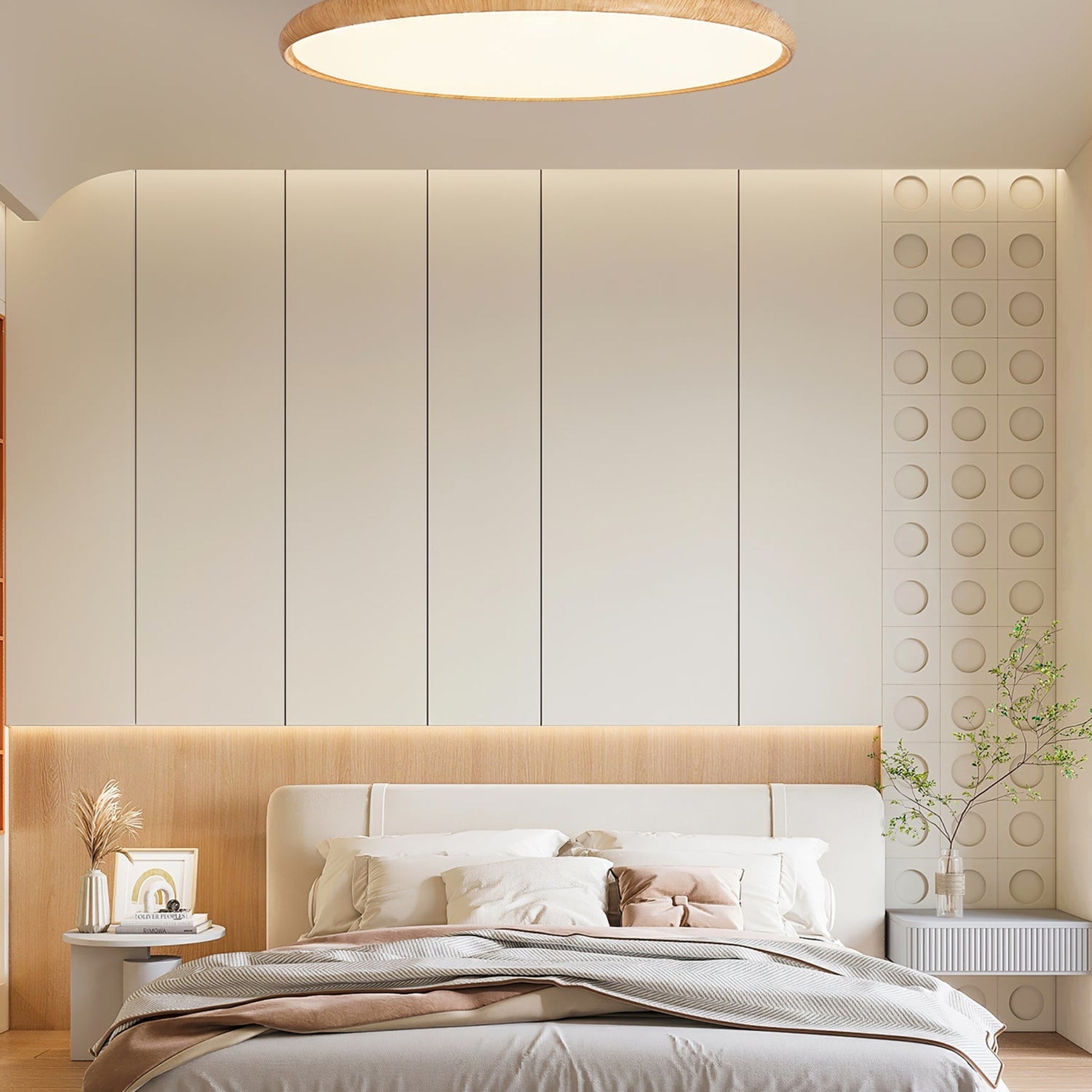 Scandinavian Wood-Effect Flush Mount Ceiling Light | Tri-Colour LED Fixture for Living Room, Bedroom, Hallway 7