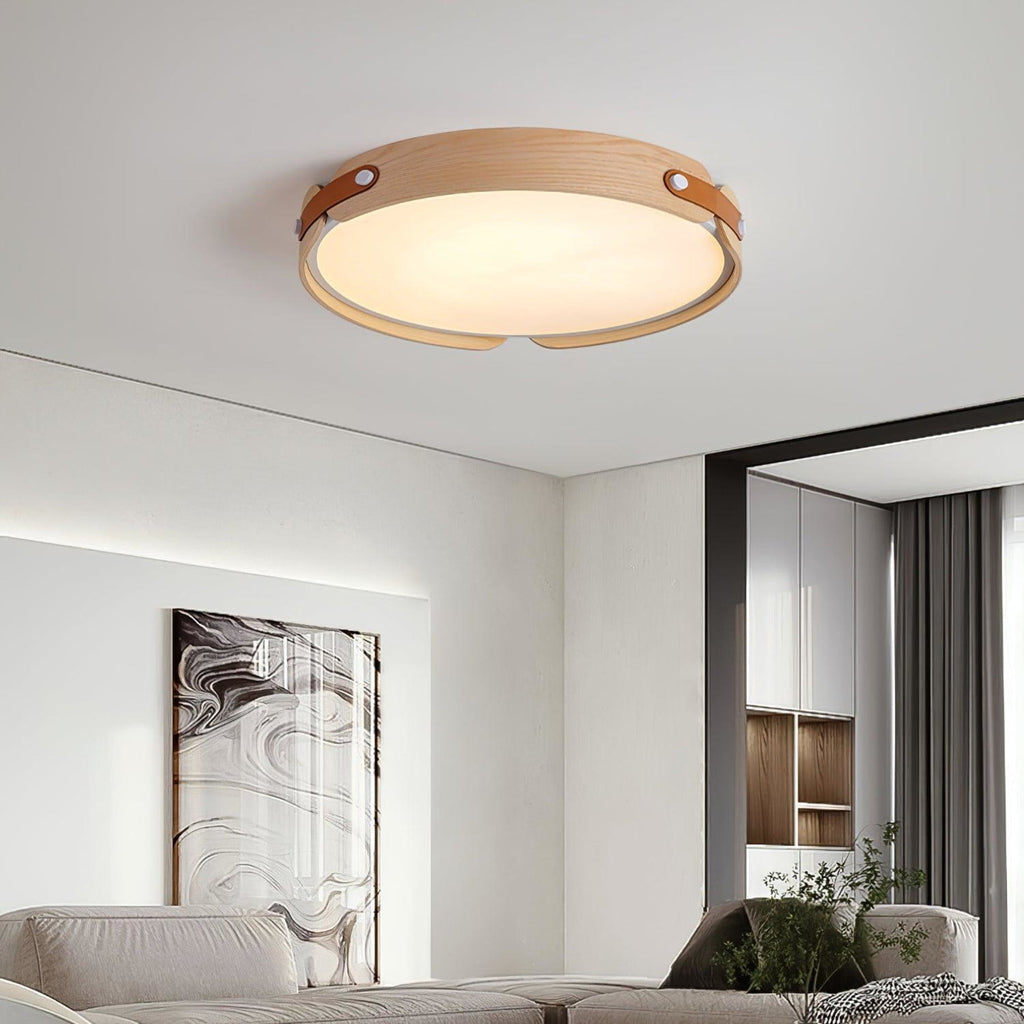 Scandinavian Wood Flush Mount Ceiling Light | Slim Profile Hardwired Fixture with Dimmable Three Color Options for Living Room 2