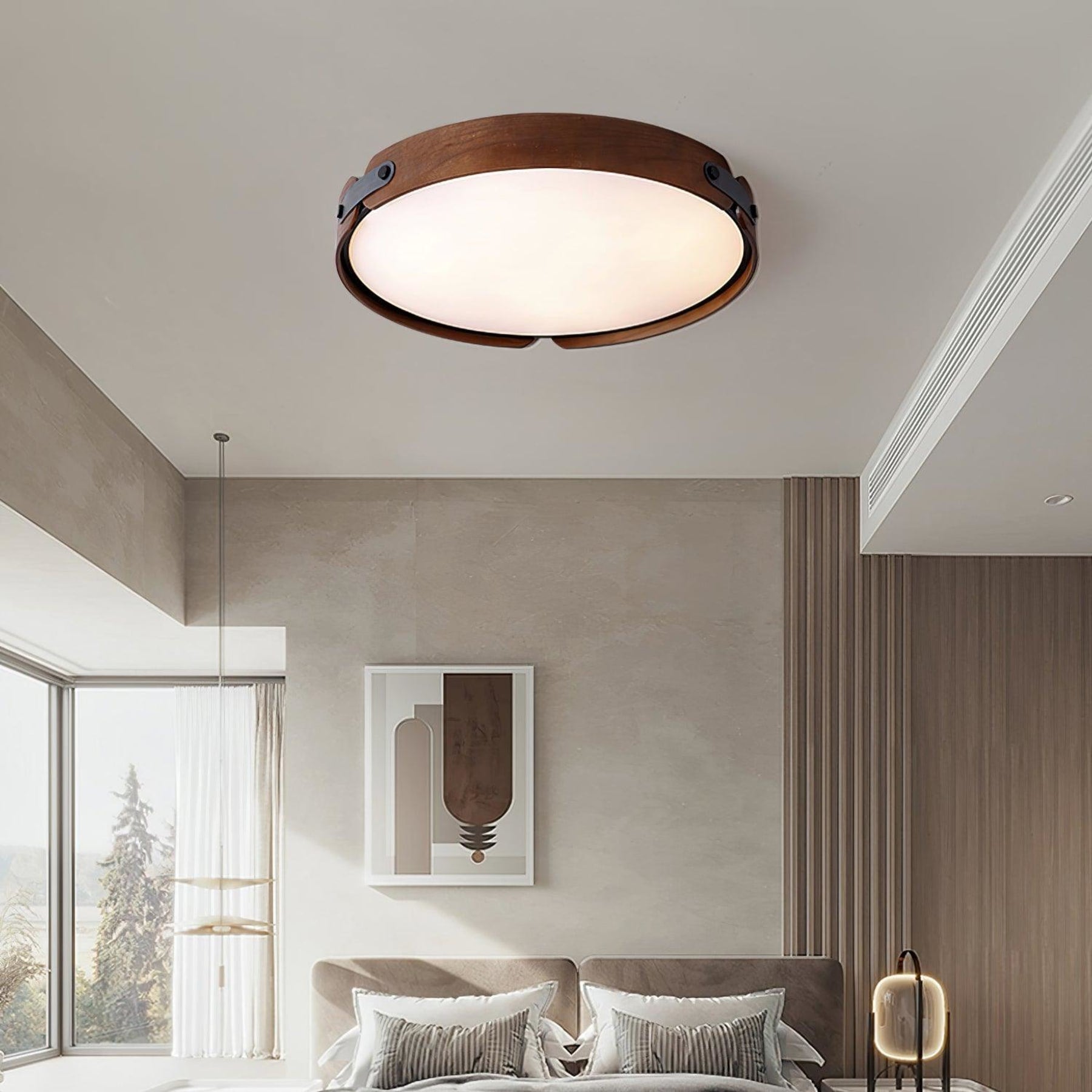 Scandinavian Wood Flush Mount Ceiling Light | Slim Profile Hardwired Fixture with Dimmable Three Color Options for Living Room 3