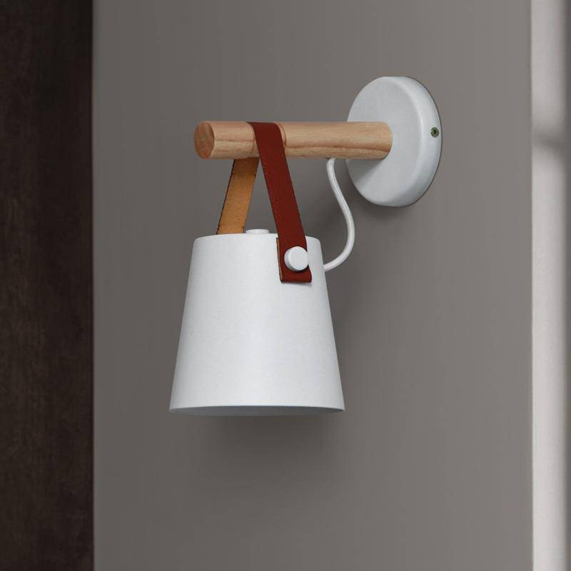 Scandinavian Wood Wall Sconce with Hanging Shade | E27 LED Downlight for Bedroom 4