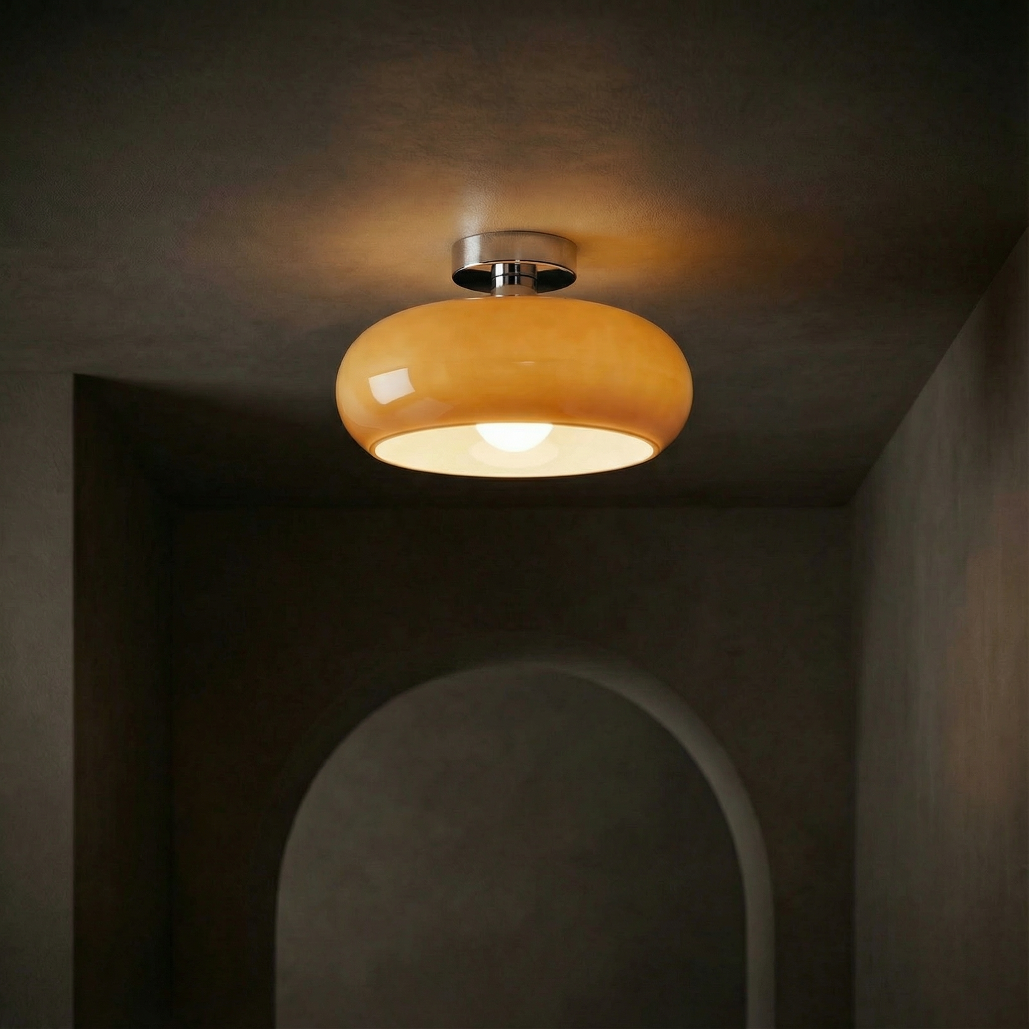 Vintage Amber Glass Flush Mount Ceiling Light with Brass Canopy | E27 Bulb Included for Living Room 2