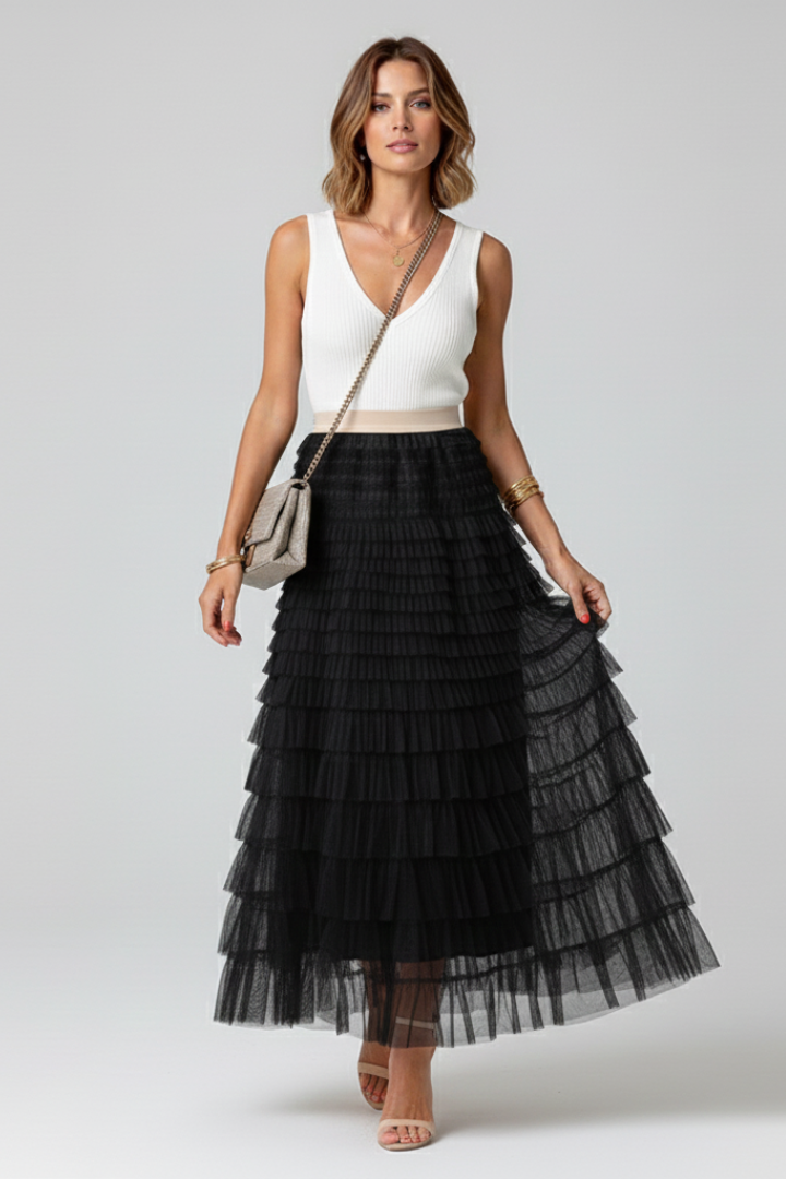 Ulysette | Festive Party Layered Midi Tulle Skirt with Elastic Waist