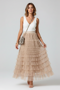 Ulysette | Festive Party Layered Midi Tulle Skirt with Elastic Waist