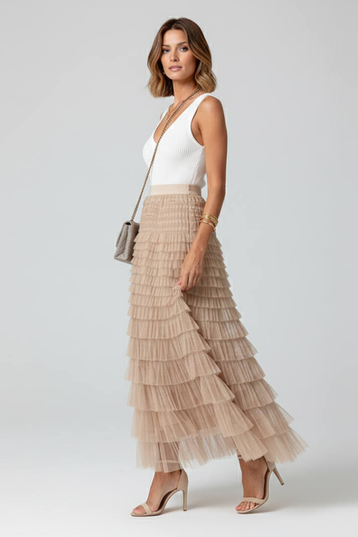 Ulysette | Festive Party Layered Midi Tulle Skirt with Elastic Waist