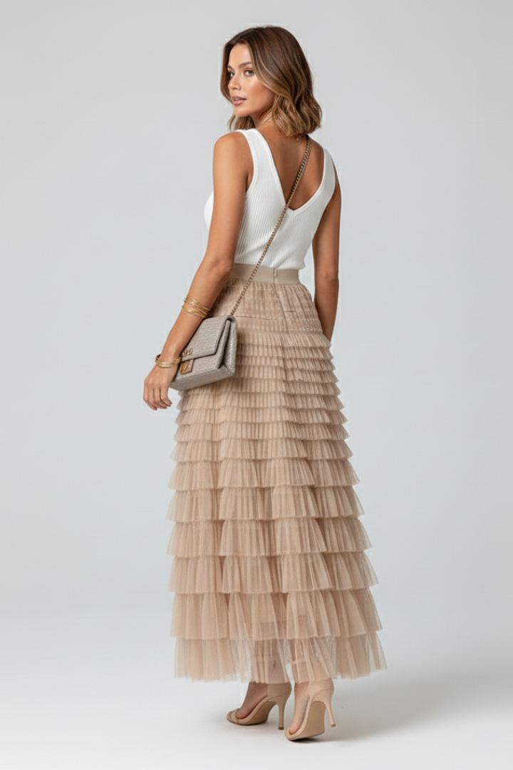 Ulysette | Festive Party Layered Midi Tulle Skirt with Elastic Waist