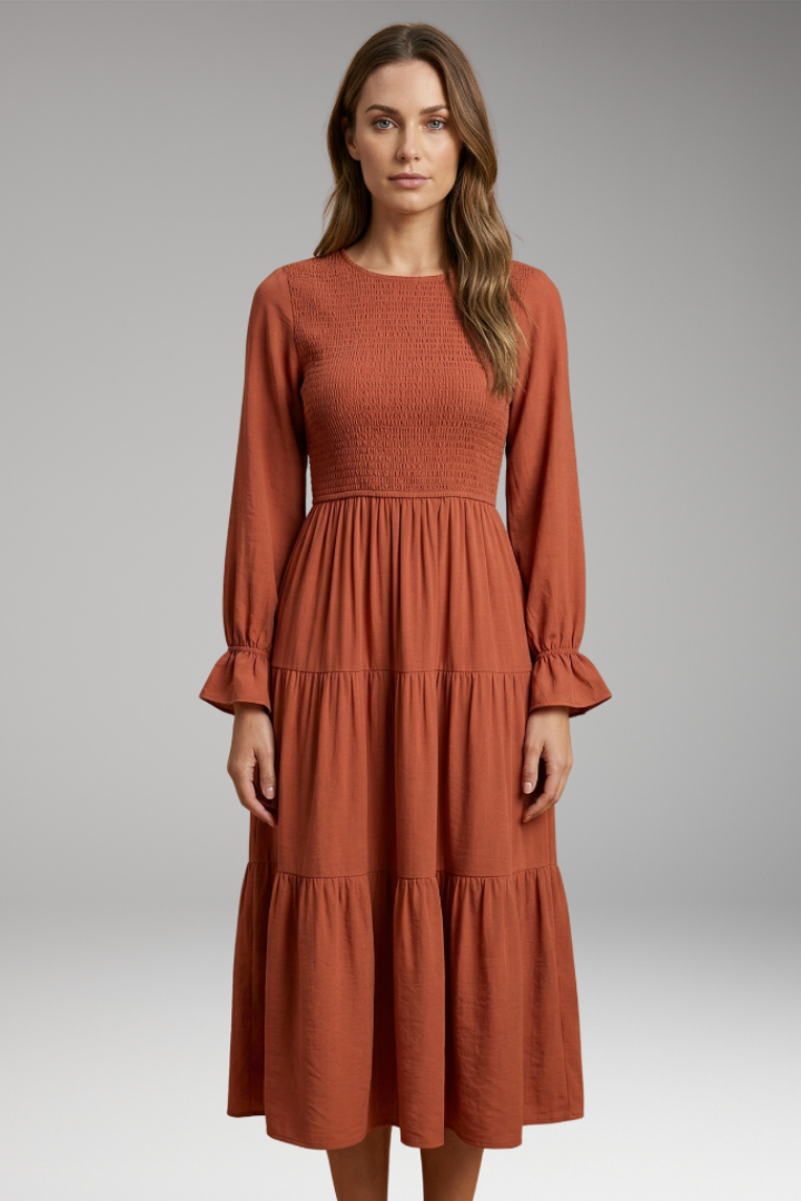 Beatrix | Fashion Long Sleeve Midi Dress with Round Neckline