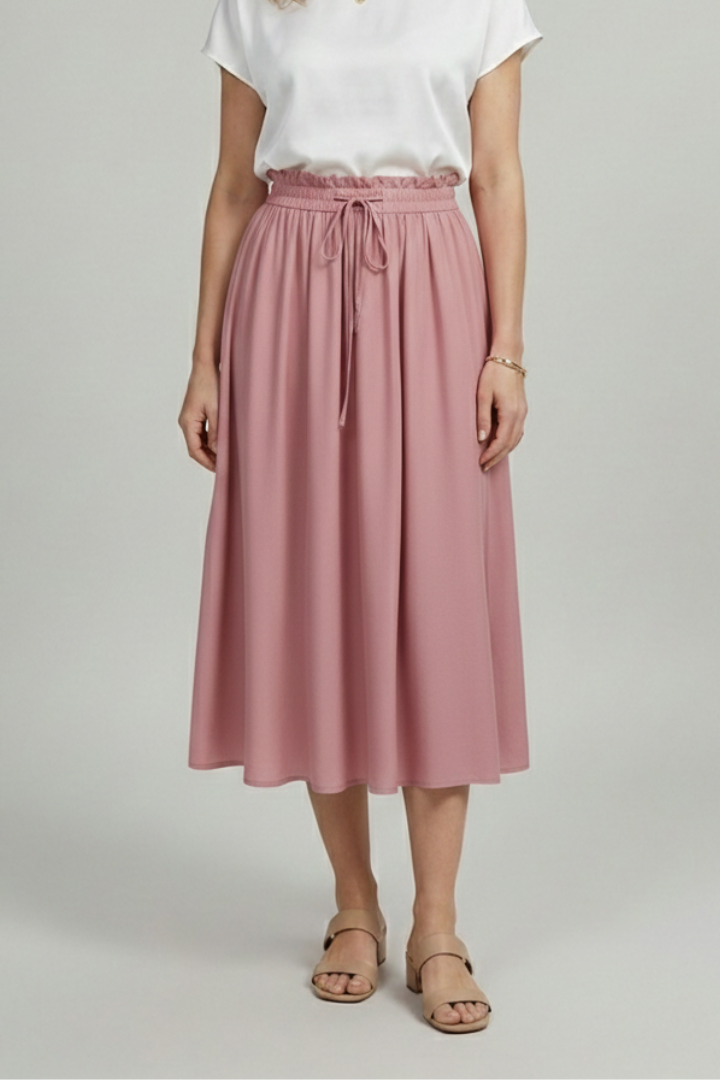 Ophelia | High-rise Elastic Waist Midi Party Skirt with Adjustable Front Drawstring