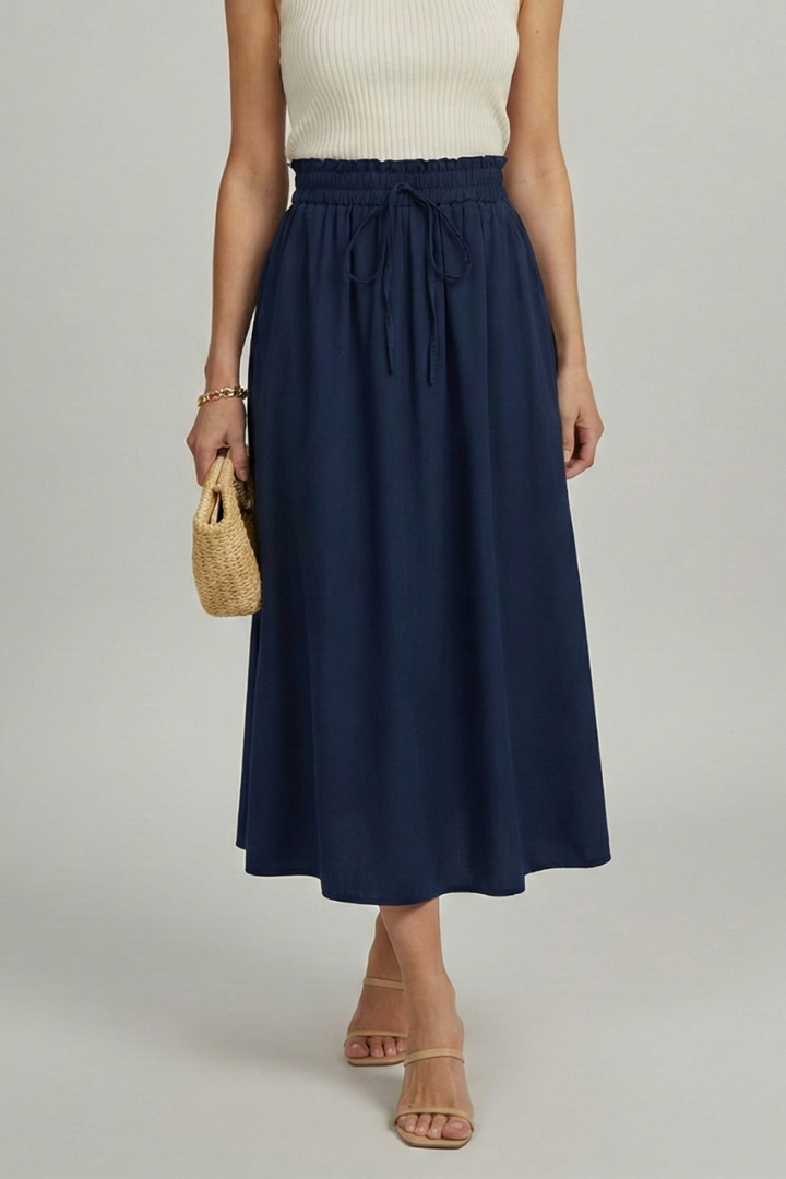 Ophelia | High-rise Elastic Waist Midi Party Skirt with Adjustable Front Drawstring
