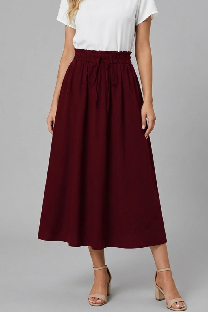 Ophelia | High-rise Elastic Waist Midi Party Skirt with Adjustable Front Drawstring