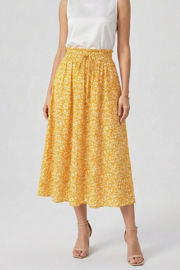 Ophelia | High-rise Elastic Waist Midi Party Skirt with Adjustable Front Drawstring